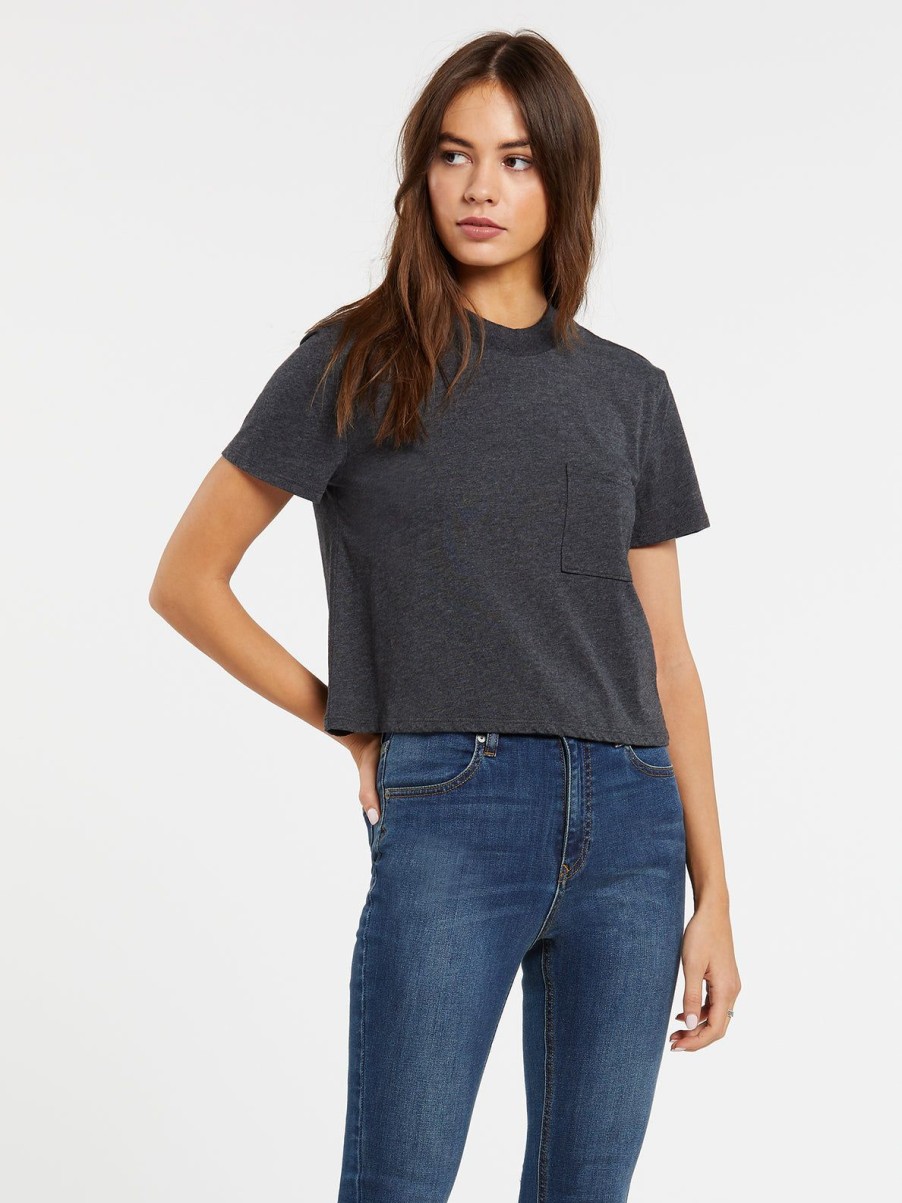 Women Volcom Tops | Pocket Stone Short Sleeve Tee Heather Black