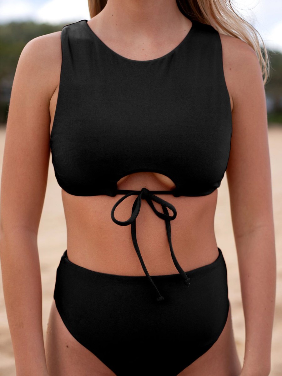 Women Volcom Bikinis | Simply Seamless High Crop Top Black