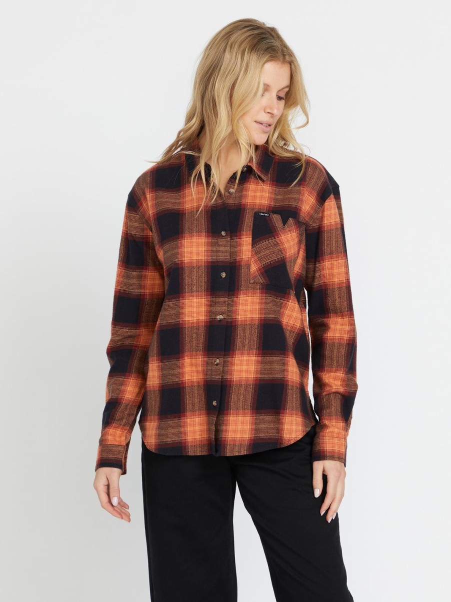 Women Volcom Tops | Plaid To Meet U Long Sleeve Shirt Black