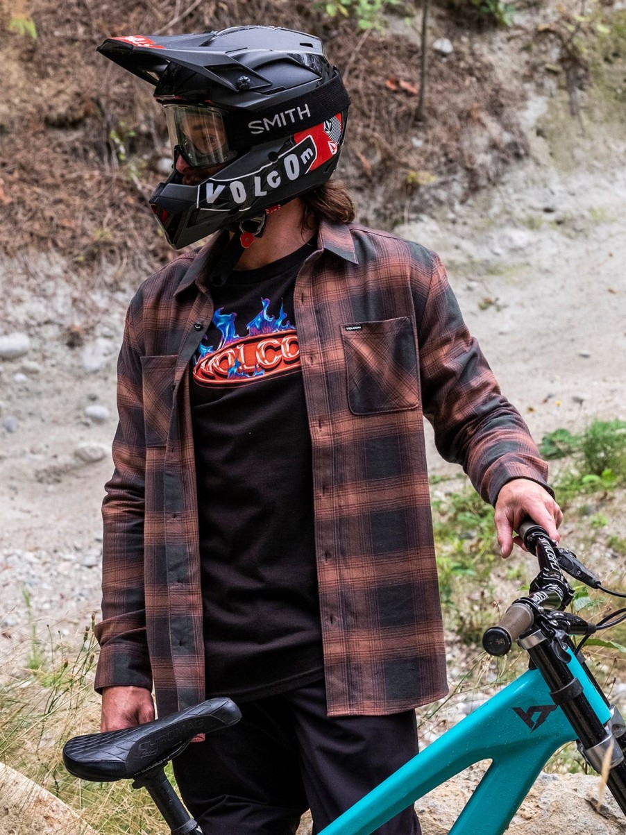 Men Volcom Mountain Biking | Netastone Flannel Long Sleeve Shirt Stealth