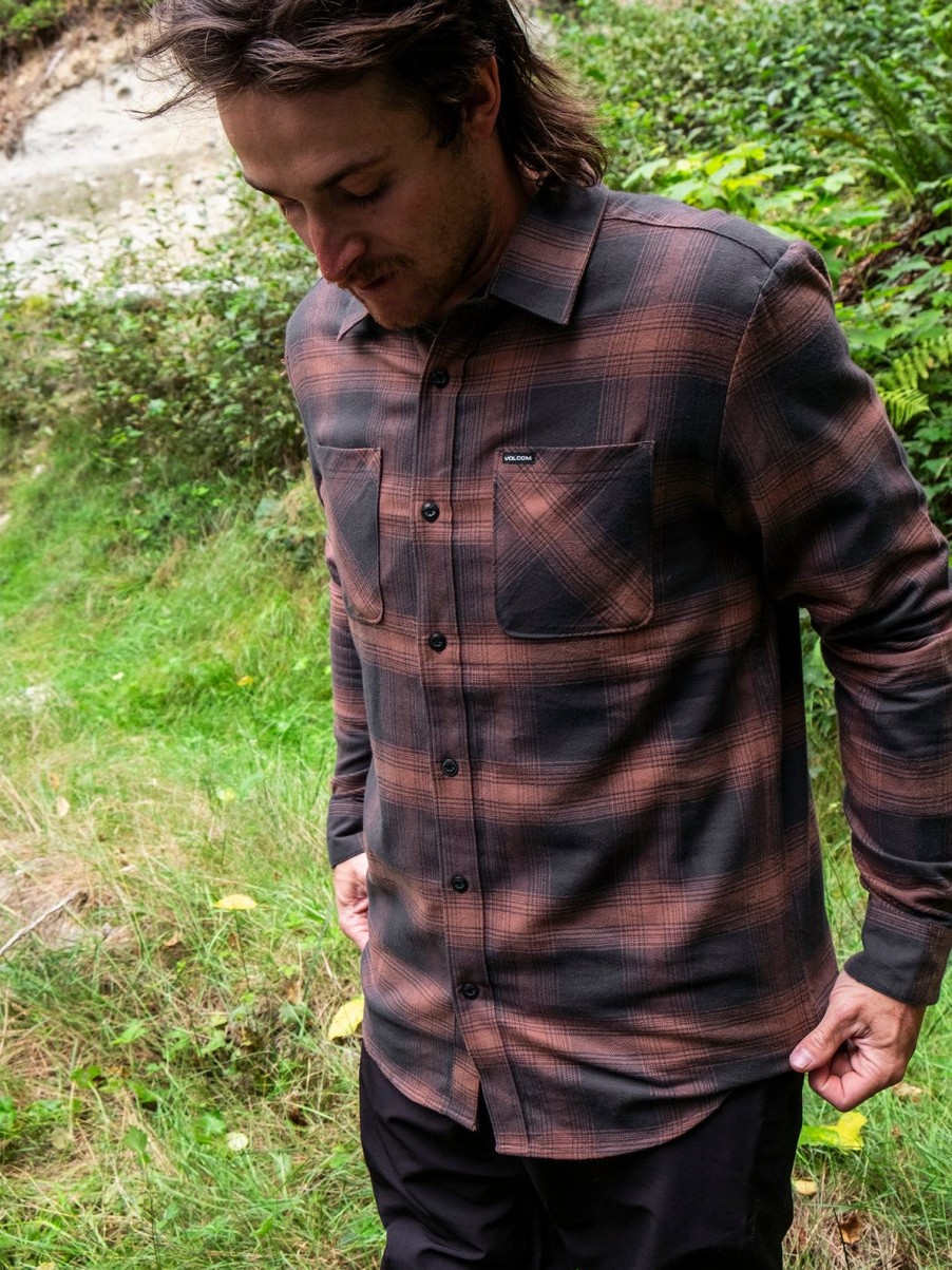 Men Volcom Mountain Biking | Netastone Flannel Long Sleeve Shirt Stealth