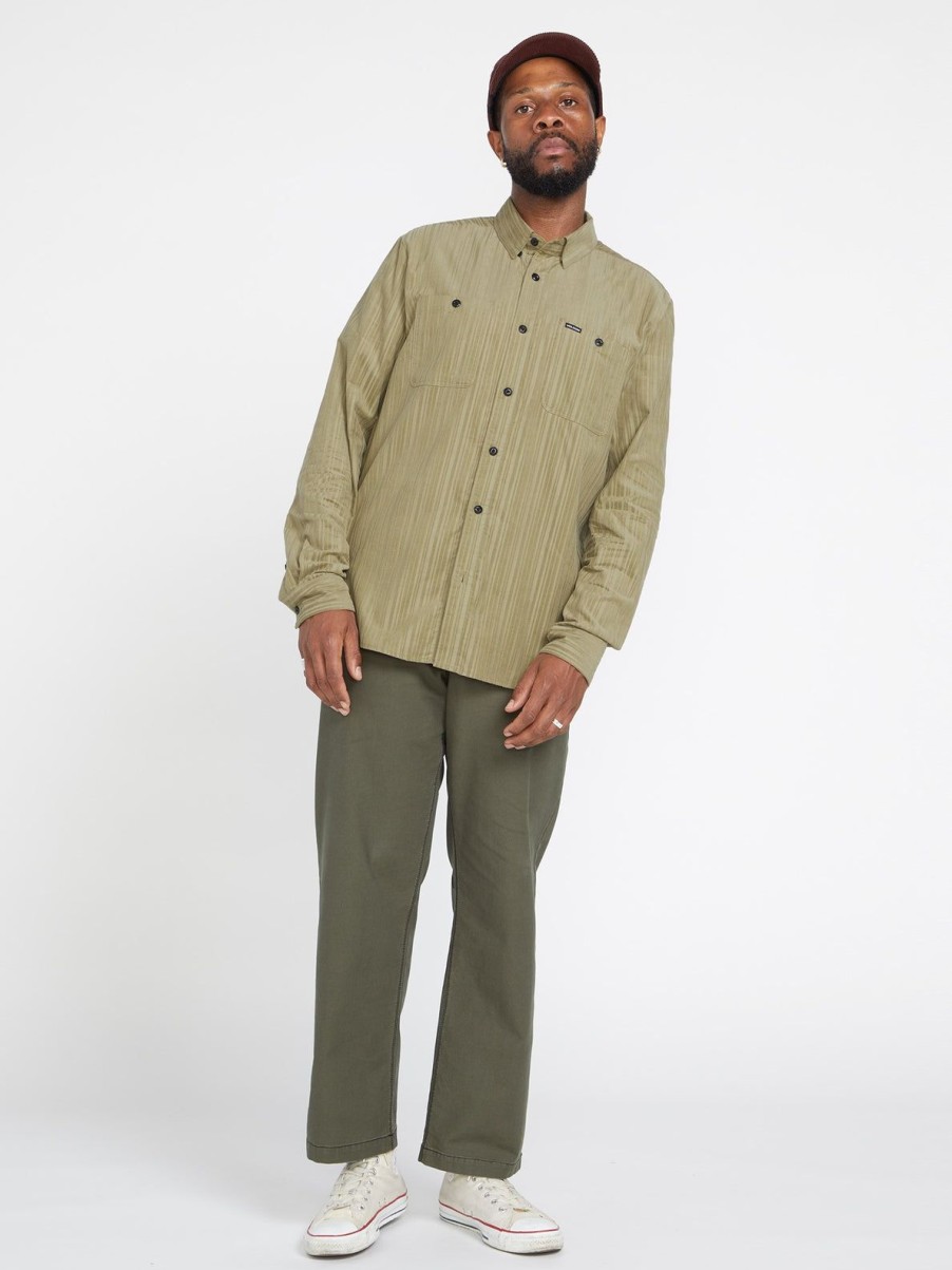 Men Volcom Shirts & Flannels | Volcom Entertainment Fat Tony Woven Long Sleeve Shirt Khaki