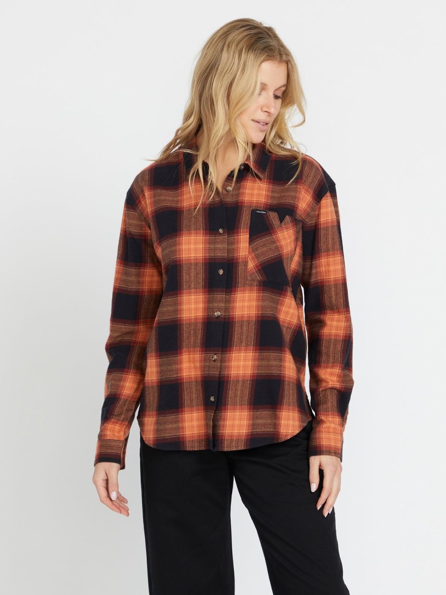 Women Volcom Hiking | Plaid To Meet U Long Sleeve Shirt Black