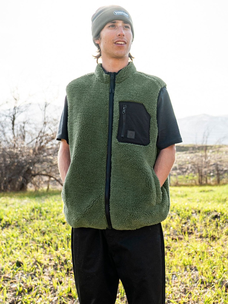 Men Volcom Jackets | Muzzer Fuzzar Vest Squadron Green